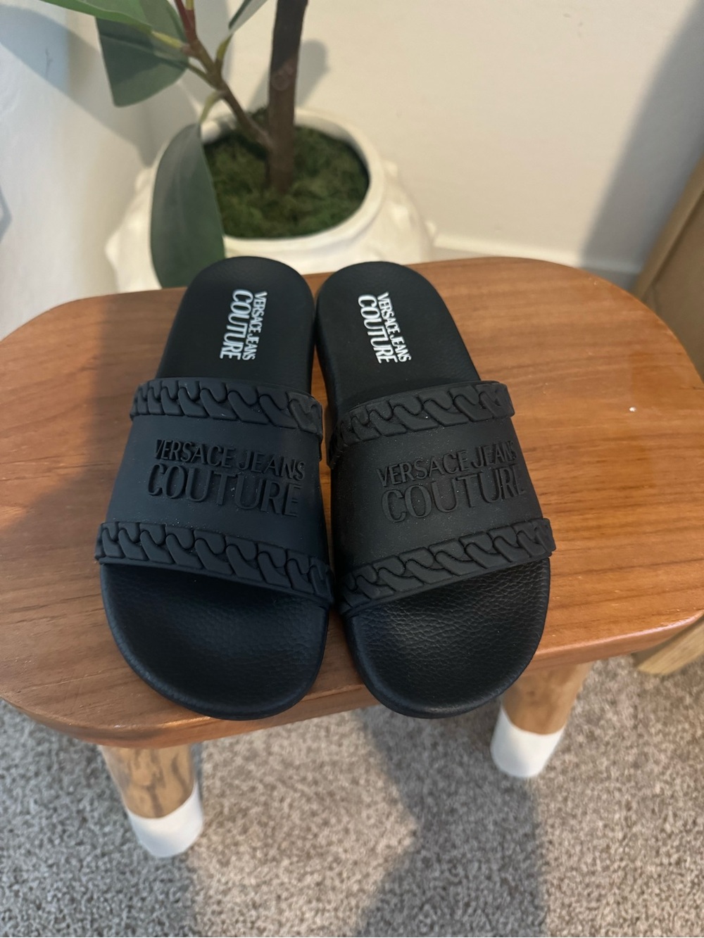 Versace Jeans Collection Black Embossed Logo Slide Sandals
